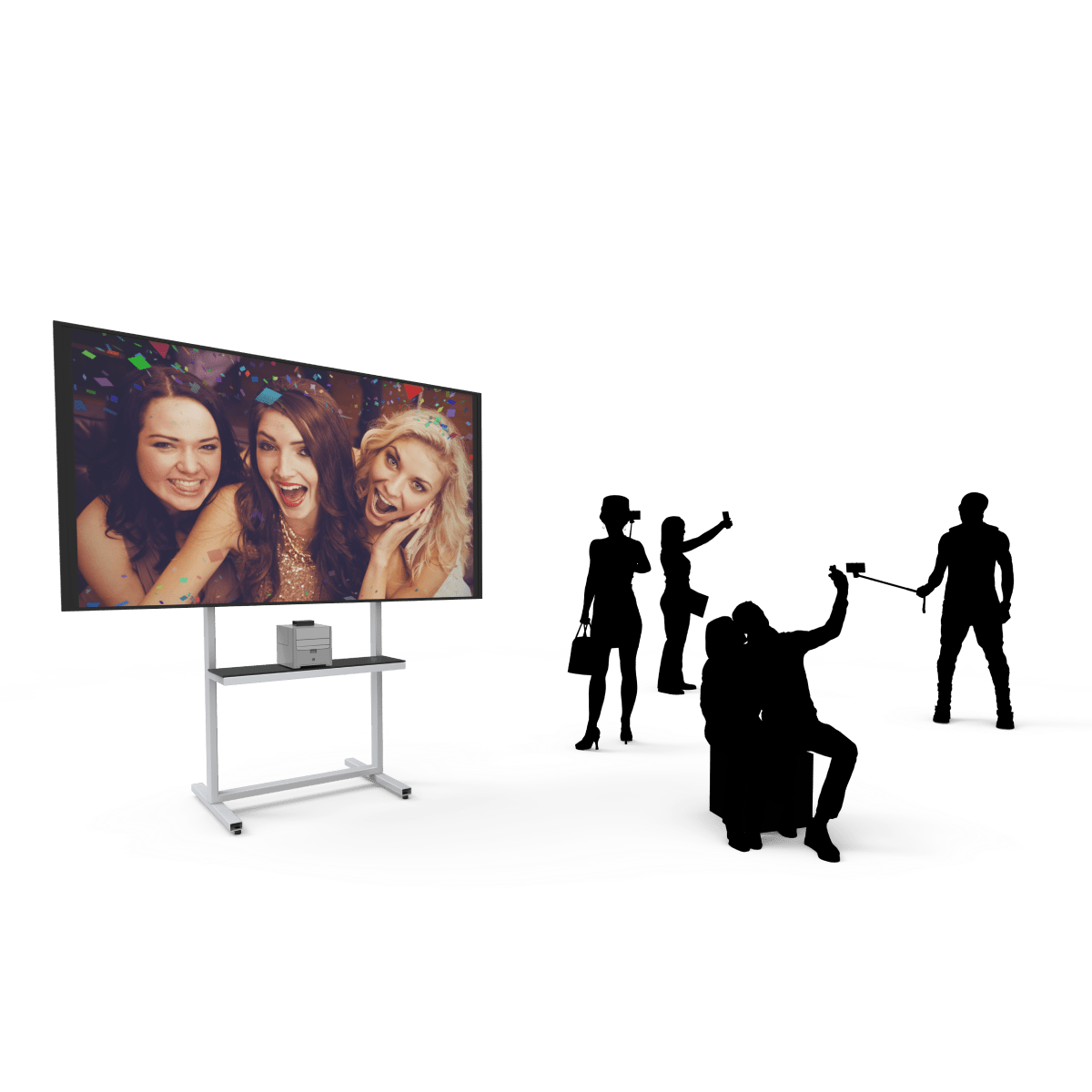Guests using selfie station as Selfie Wi-Fi displays group photo on screen