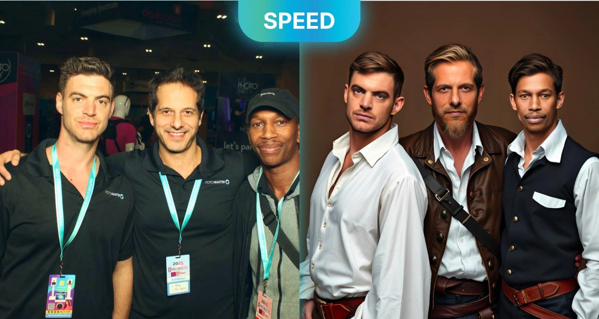 Group AI Headshot before and after photo, achieved with Speed AI Model