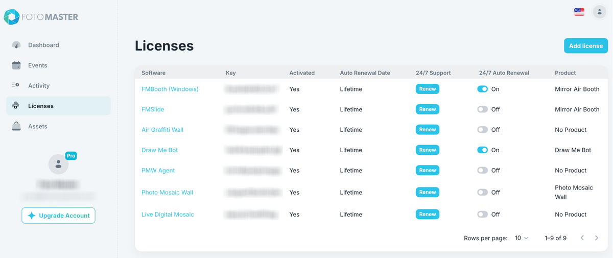 Foto Master Cloud dashboard for managing software licenses and connected booths