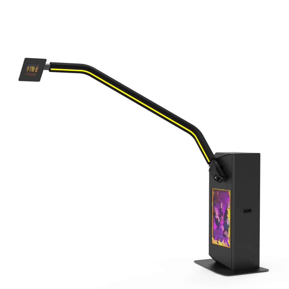 V-Motion 180 photo booth with extended arm and vibrant screen.