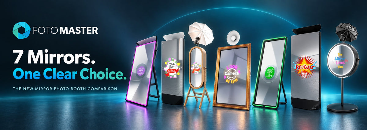 7 Mirrors. One Clear Choice. Foto Master’s seven mirror photo booths—Mirror Air, Mirror X, Retro Mirror, Mirror Me, Razor Mirror, Tower Mirror, and Beauty Mirror—presented together for the new comparison guide.