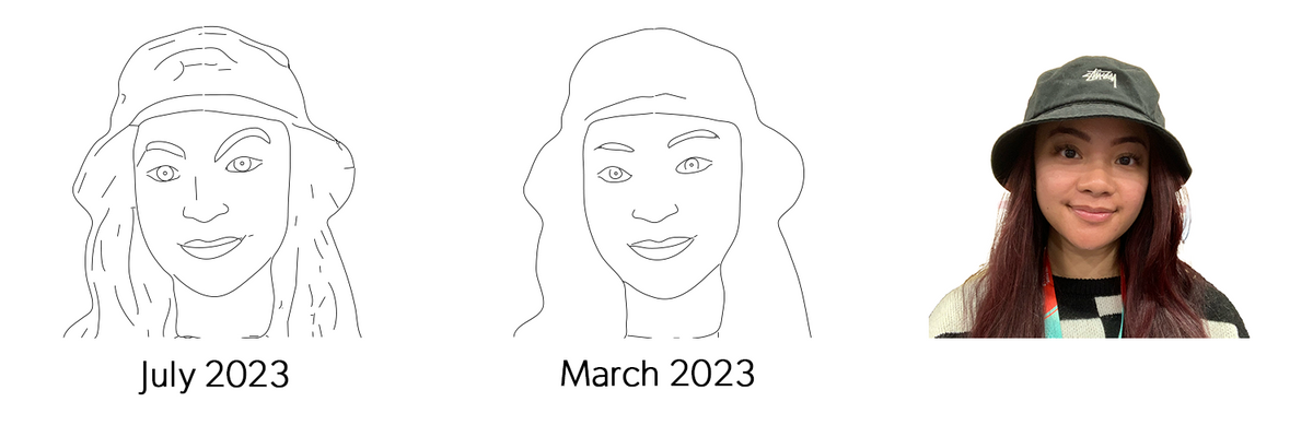 July and March 2023 Draw Me Bot portraits compared with the original photo of a guest wearing a bucket hat