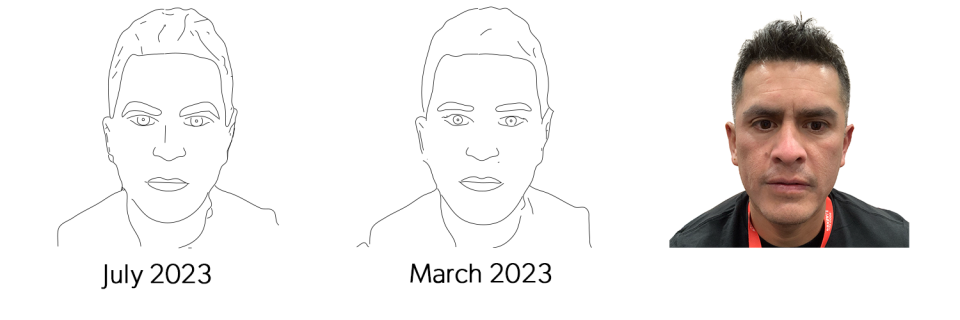 July and March 2023 Draw Me Bot portraits compared with the original photo of a guest with short dark hair