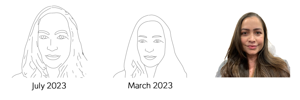 July and March 2023 Draw Me Bot portraits compared with the original photo of a guest with long hair