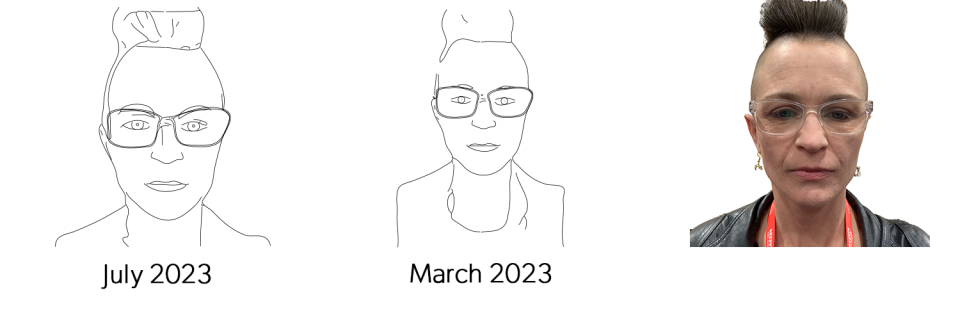 July and March 2023 Draw Me Bot portraits compared with the original photo of a guest with an undercut hairstyle
