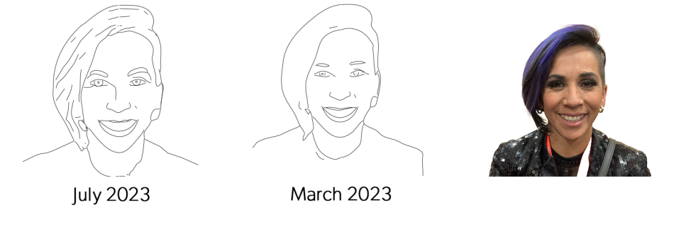 July and March 2023 Draw Me Bot portraits compared with the original photo of a smiling guest with blue hair