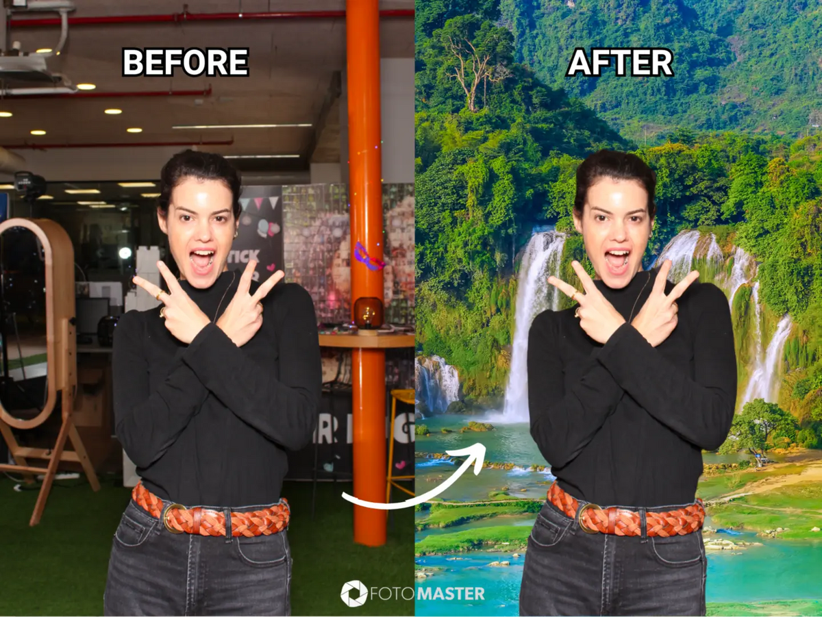 Guest portrait before and after AI background removal replaces the room with a waterfall