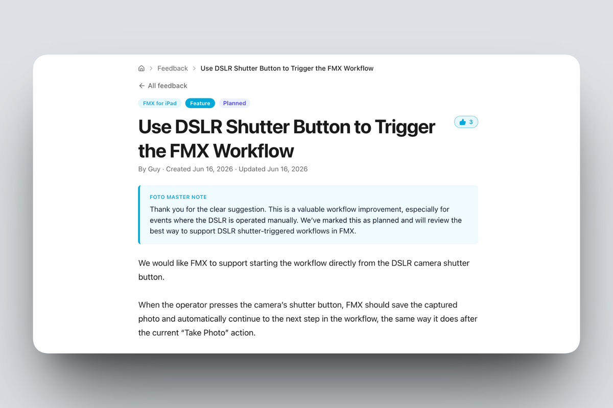 Feature request details and development updates in the Foto Master Feedback Center