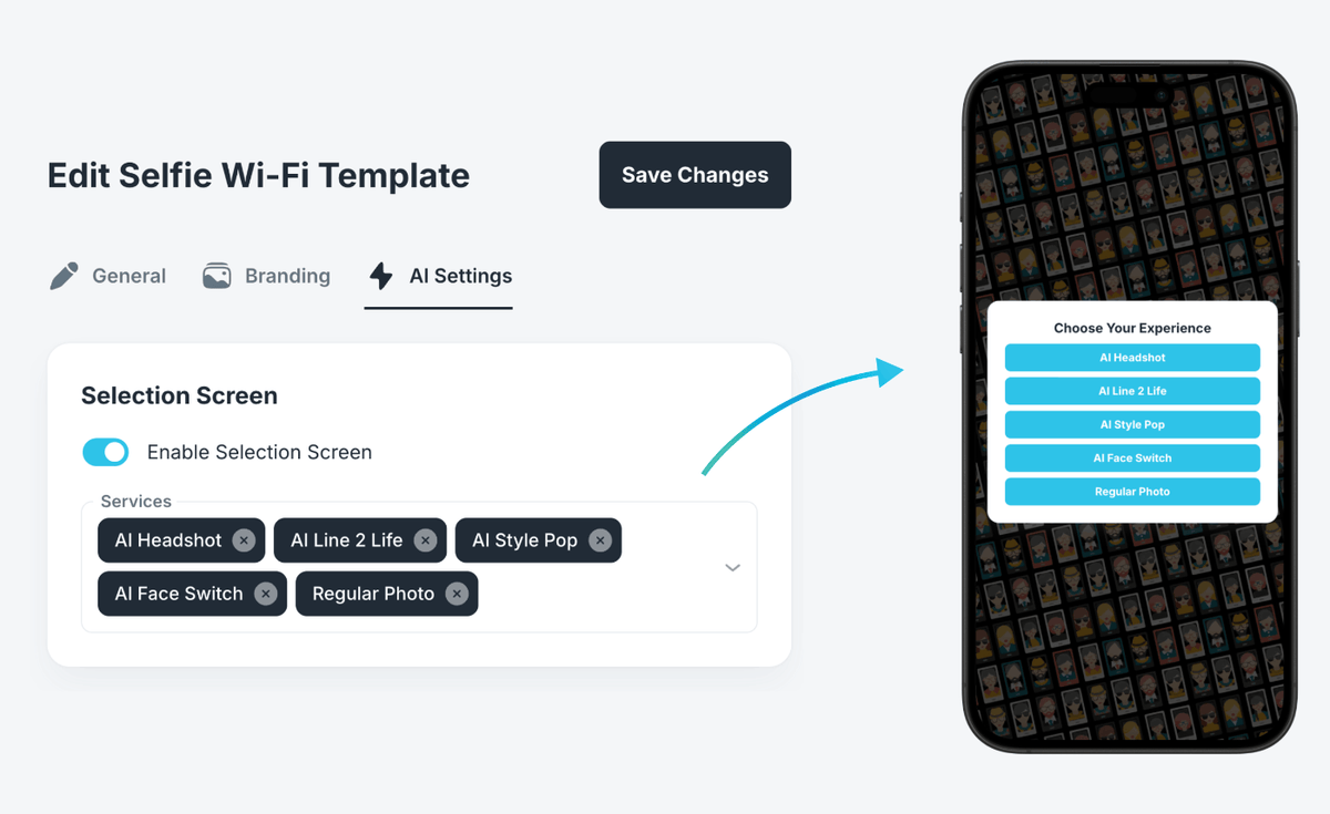 Selfie Wi-Fi template settings and the guest experience selection screen on a phone