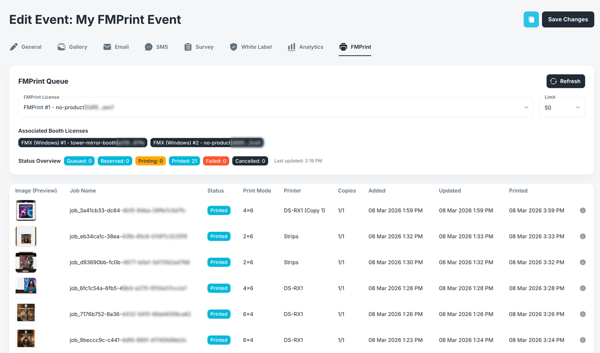 Foto Master Cloud event dashboard showing the FMPrint job queue and statuses