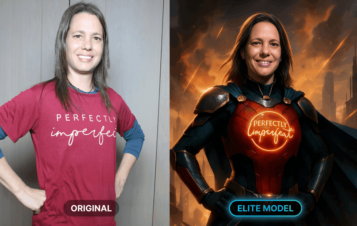 Original guest photo and Elite AI transformation preserving the shirt text