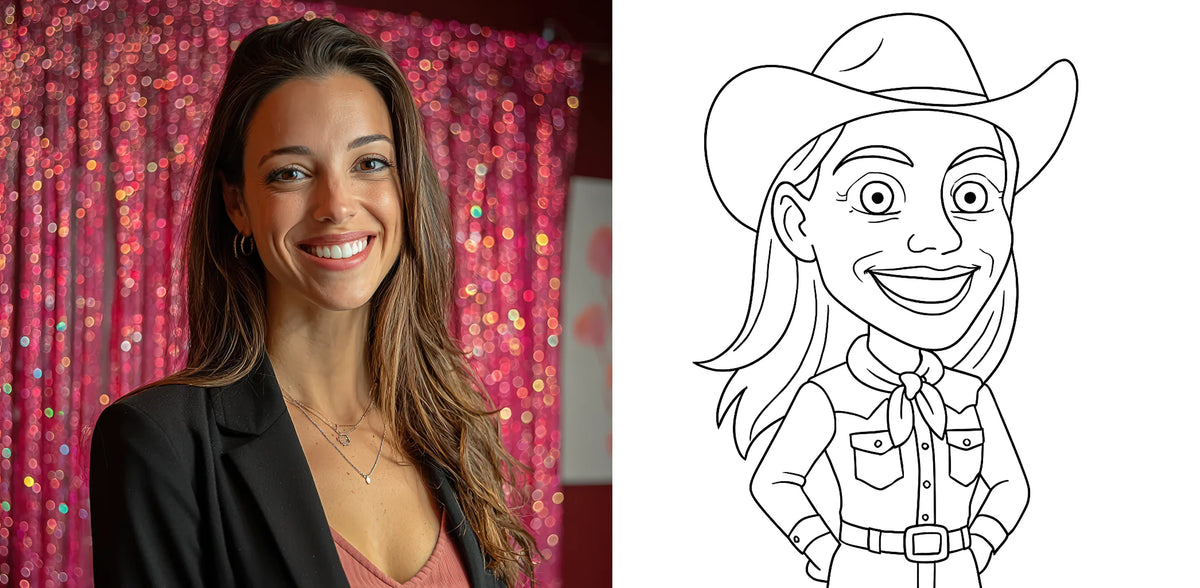Guest portrait beside an AI Draw Me cowgirl caricature