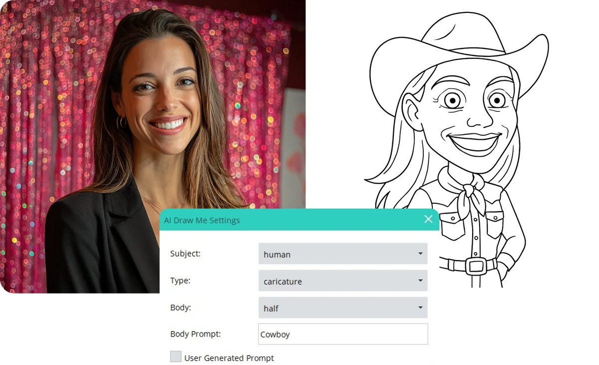 Guest portrait transformed into a cowgirl caricature with AI Draw Me settings