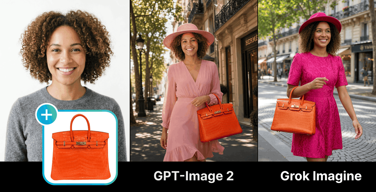 AI Combine adds a reference handbag to guest photos using GPT-Image 2 and Grok Imagine