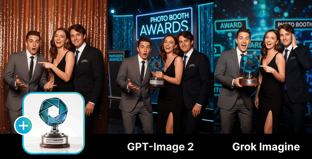 AI Combine adds a reference trophy to guest photos using GPT-Image 2 and Grok Imagine