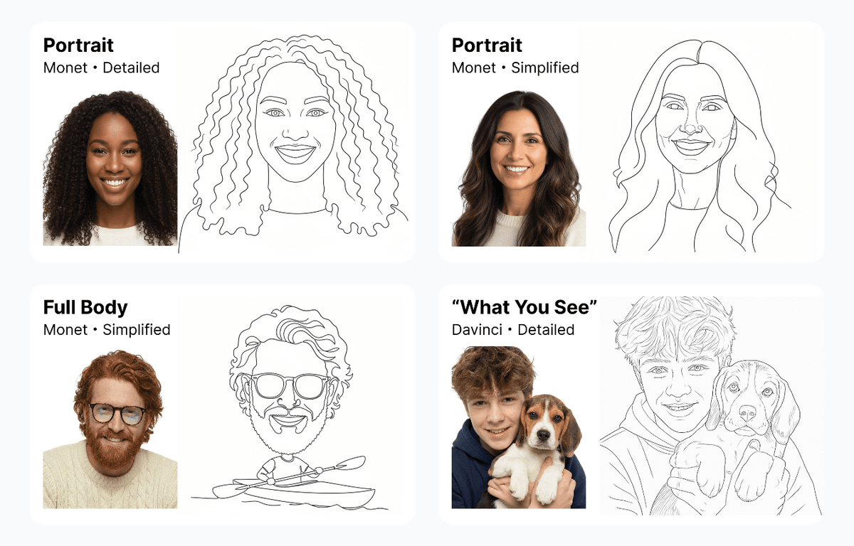 Monet portrait and full-body line drawings alongside a DaVinci scene example