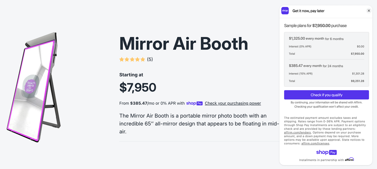 Mirror Air Booth product page illustrating Shop Pay installment options in October 2025