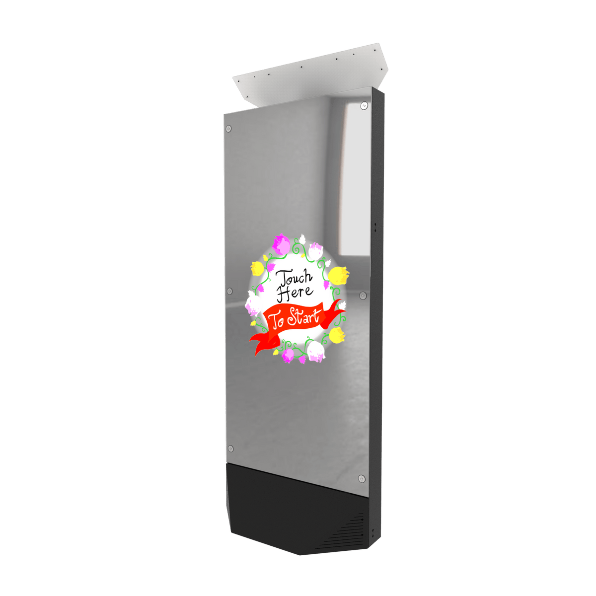 Modern Mirror X Booth with touch-to-start interactive screen.