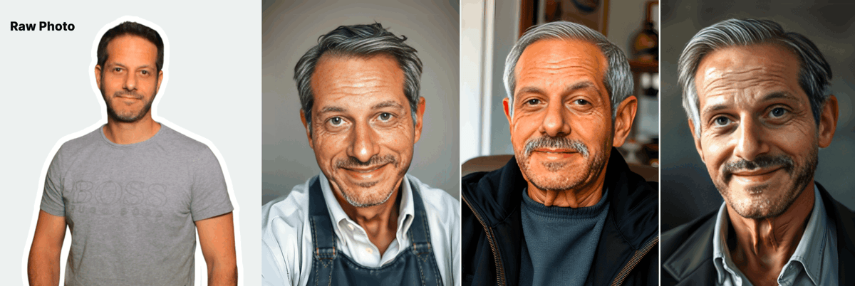 Original guest portrait compared with three AI-generated older versions