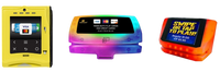 Three colorful card payment terminals with digital screens.