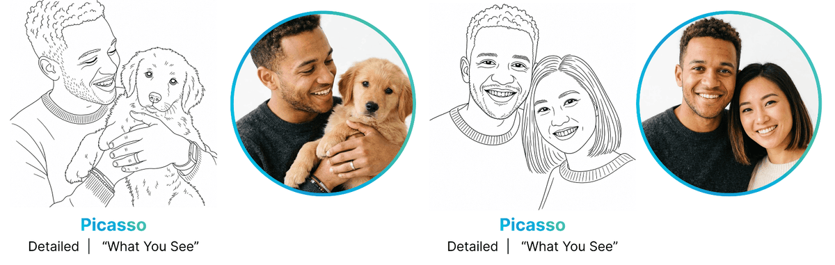 Picasso What You See drawings of a guest with a pet and a couple