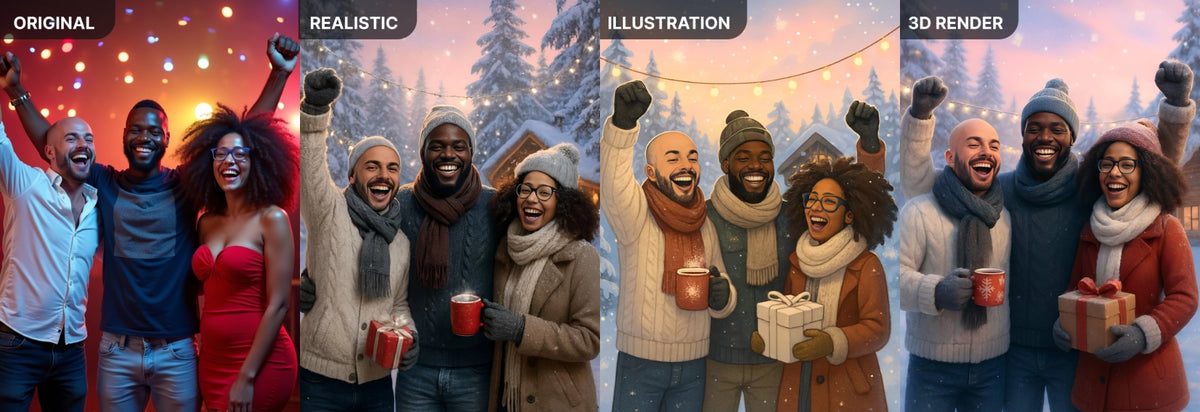 Group photo transformed into winter scenes in realistic, illustrated and 3D styles