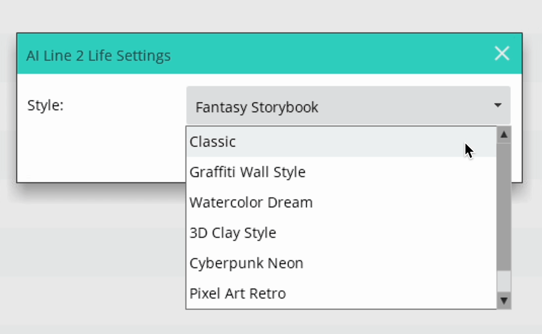 AI Line2Life settings with storybook, graffiti, watercolor and pixel art styles