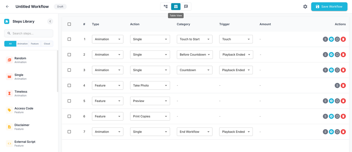 FMX Workflow Builder showing the sequence of steps in List Mode