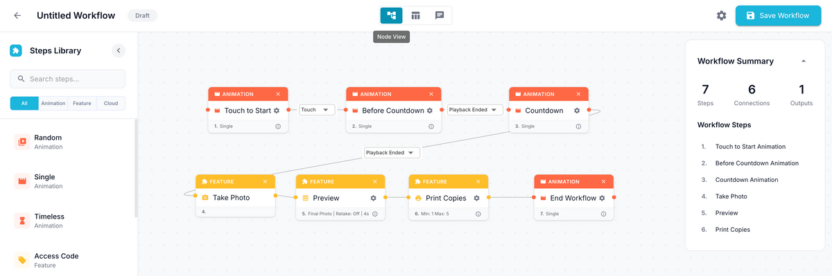 FMX Workflow Builder showing connected steps in Node View
