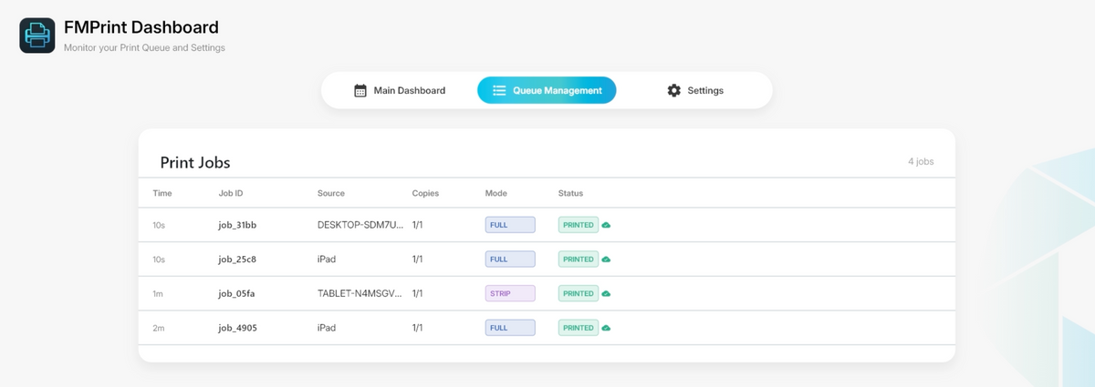 FMPrint desktop dashboard displaying print jobs and their statuses