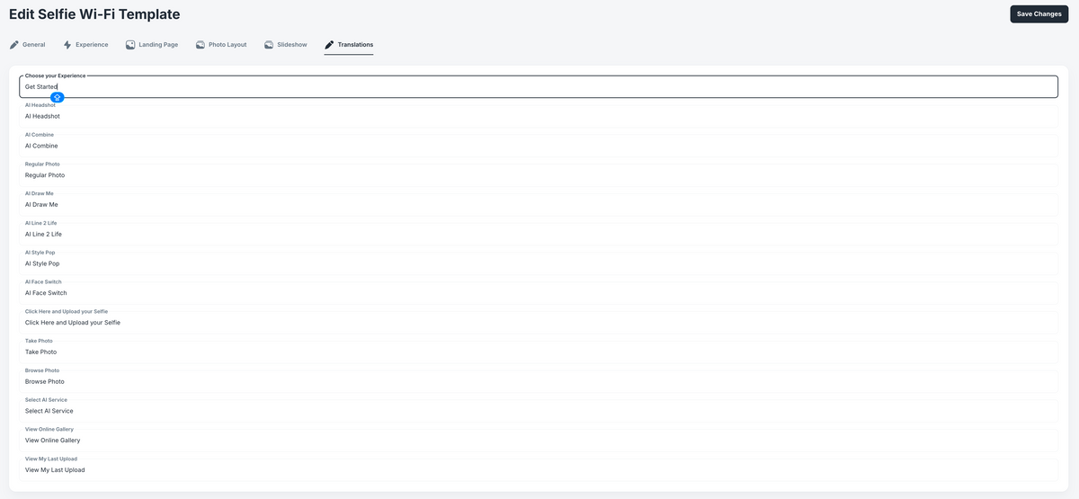 Custom interface translations in the Selfie Wi-Fi template editor