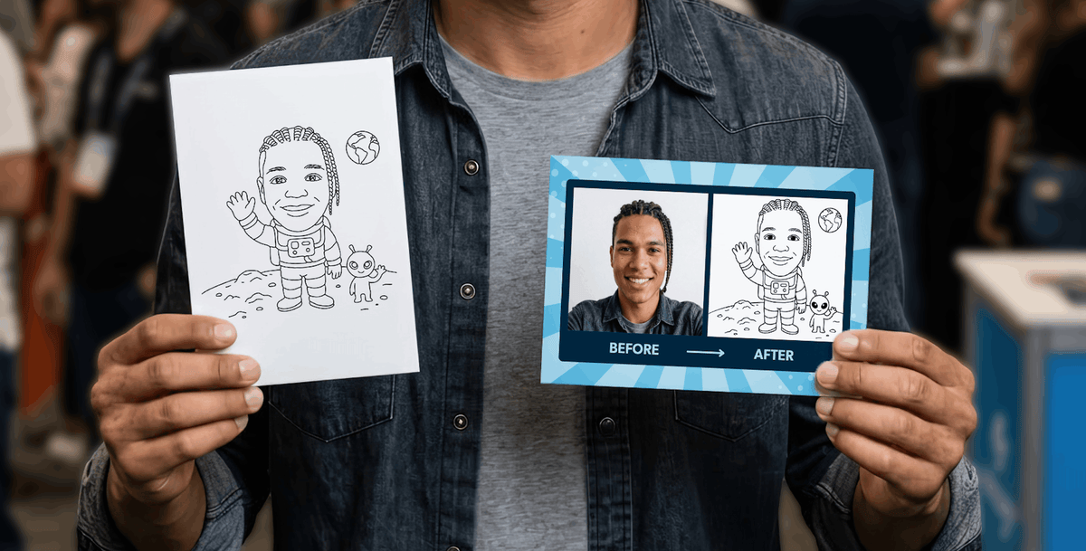 Draw Me Bot portrait beside an FMPrint before-and-after photo layout
