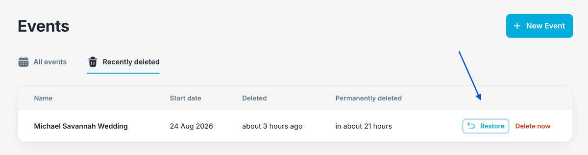The Recently Deleted view in Foto Master Cloud, with a restore option