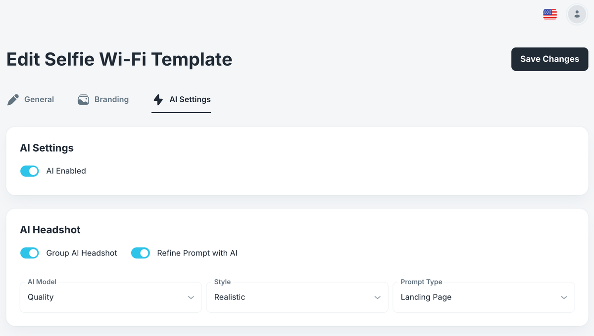 Selfie Wi-Fi Cloud settings for Group AI Headshot, prompt refinement, model and style