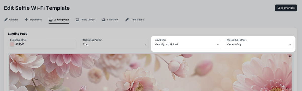 Selfie Wi-Fi landing page editor with gallery and upload button options