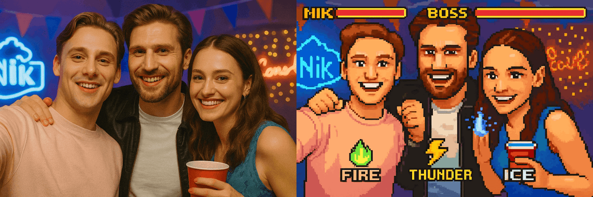 Three guests transformed into arcade game characters with AI Style Pop