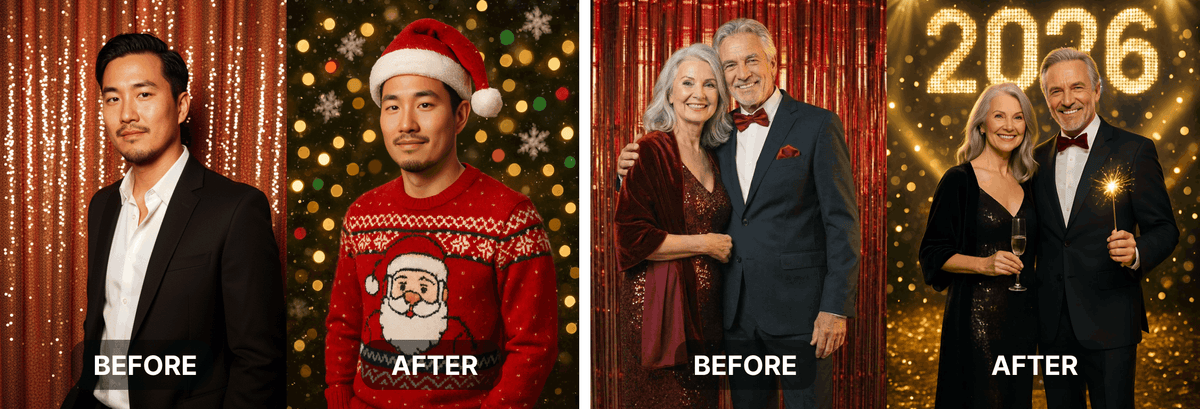 Guest photos before and after Christmas and New Year AI transformations