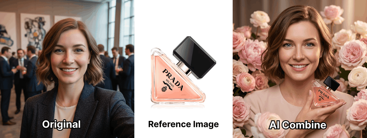 AI Combine transforms a guest photo using a perfume bottle reference image