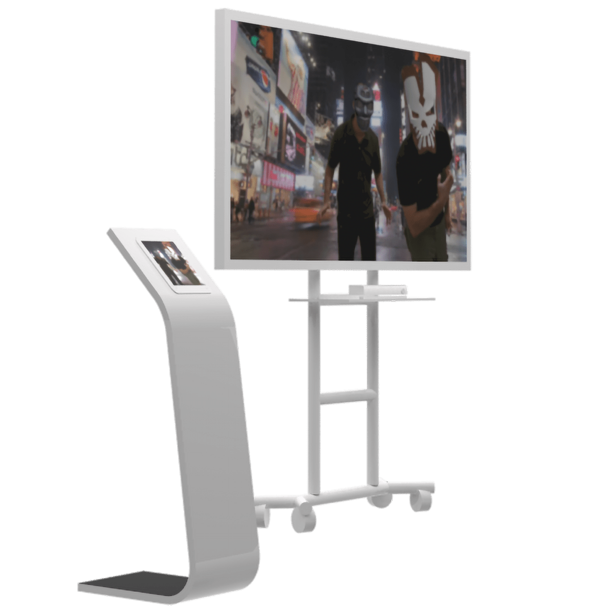 Augmented Reality Photo Booth setup with interactive kiosk and large display screen showing augmented scenes.