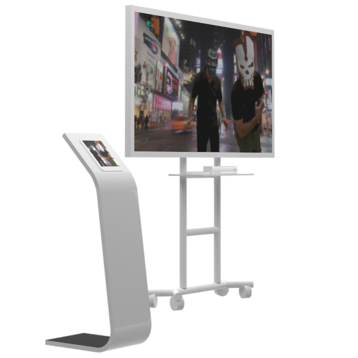 Augmented Reality Photo Booth setup with interactive kiosk and large display screen showing augmented scenes.