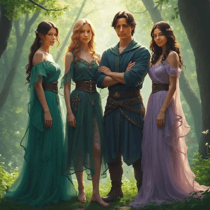 Group AI portrait of four guests as fantasy characters in a forest