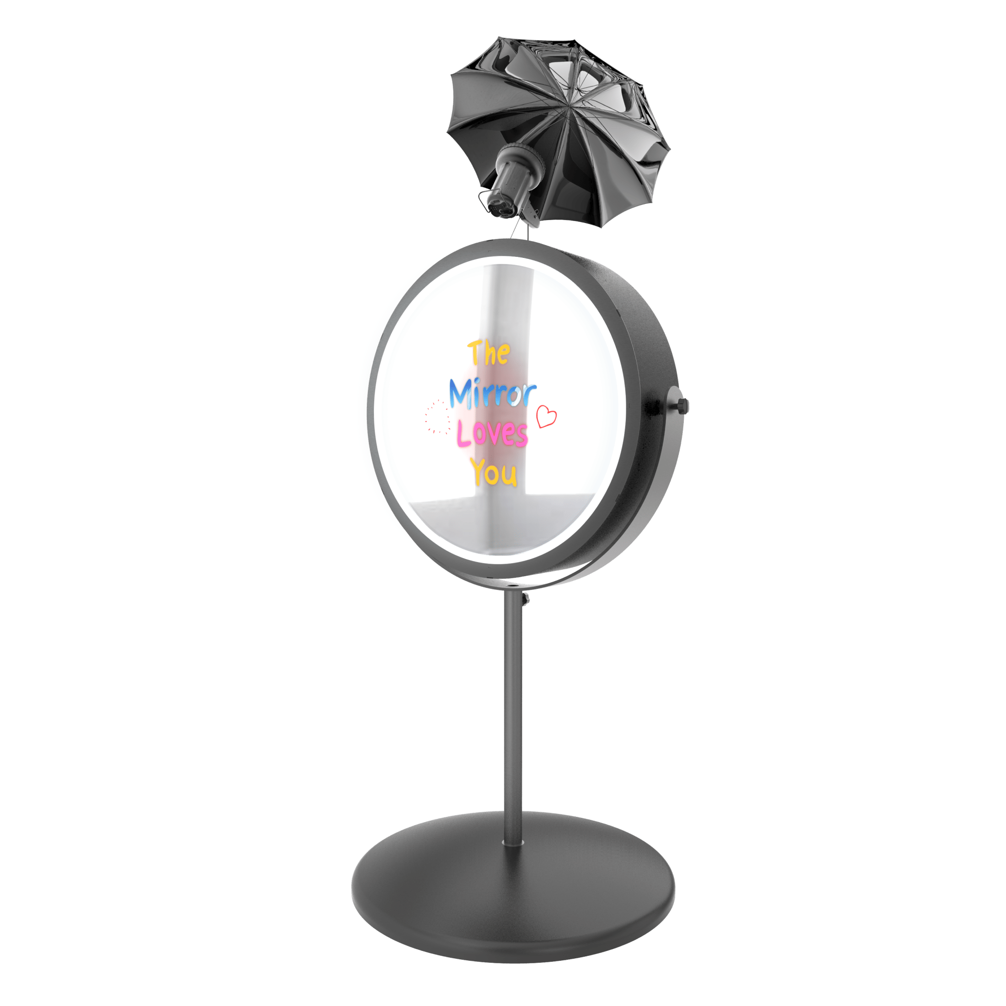 Beauty Mirror Booth - portable mirror photo booth with circular design, LED ring, and umbrella light.