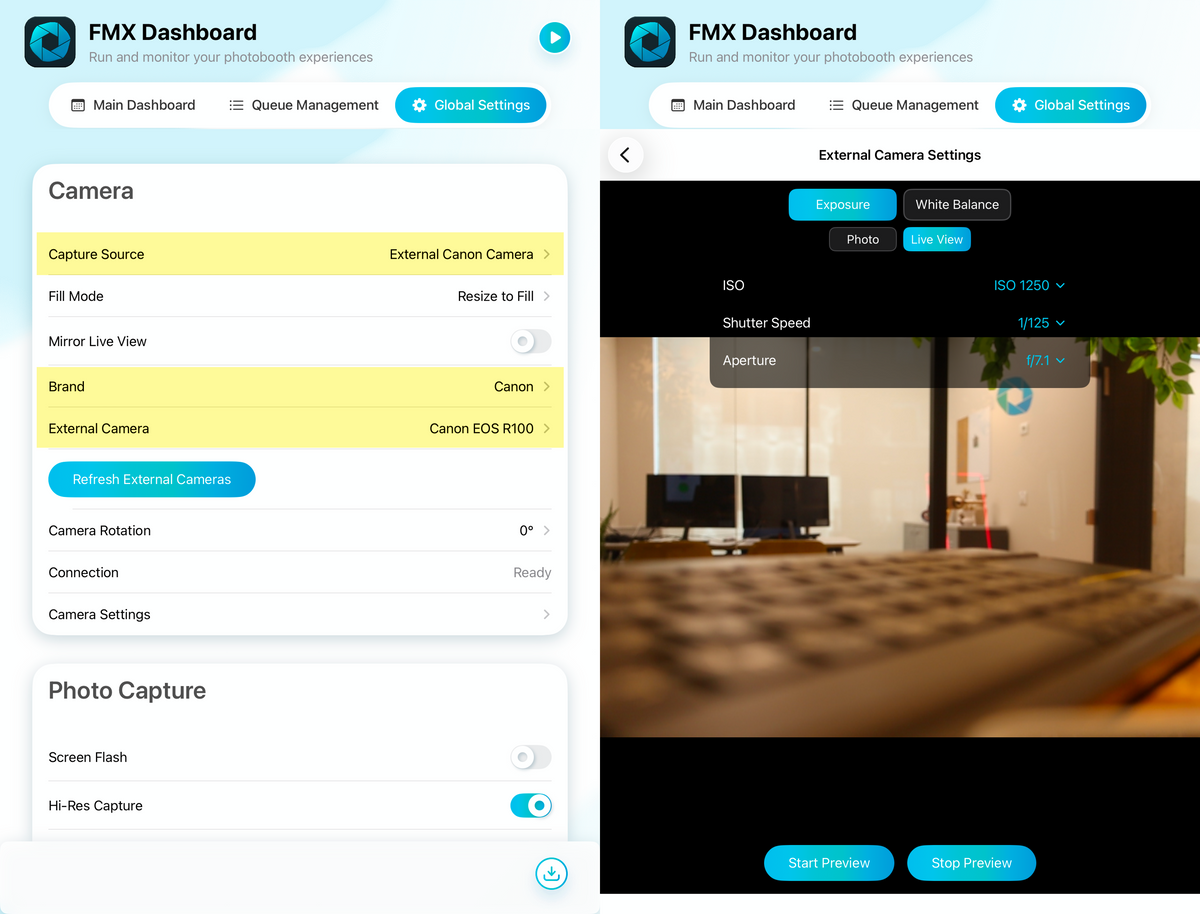 Canon camera settings and Live View preview in FMX for iPad
