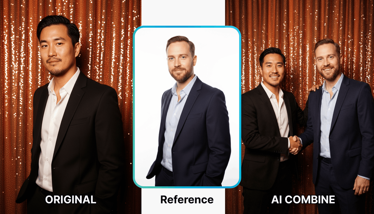 AI Combine places a reference portrait alongside a guest in an event photo