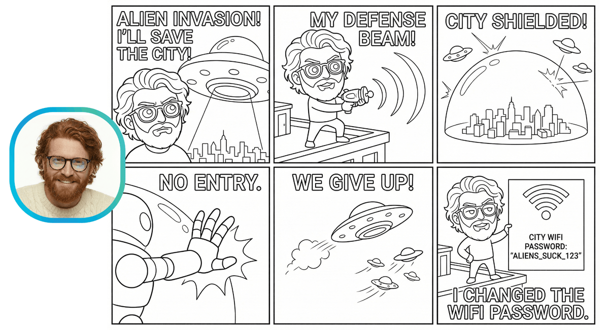 A guest portrait transformed into a six-panel comic about befriending an alien
