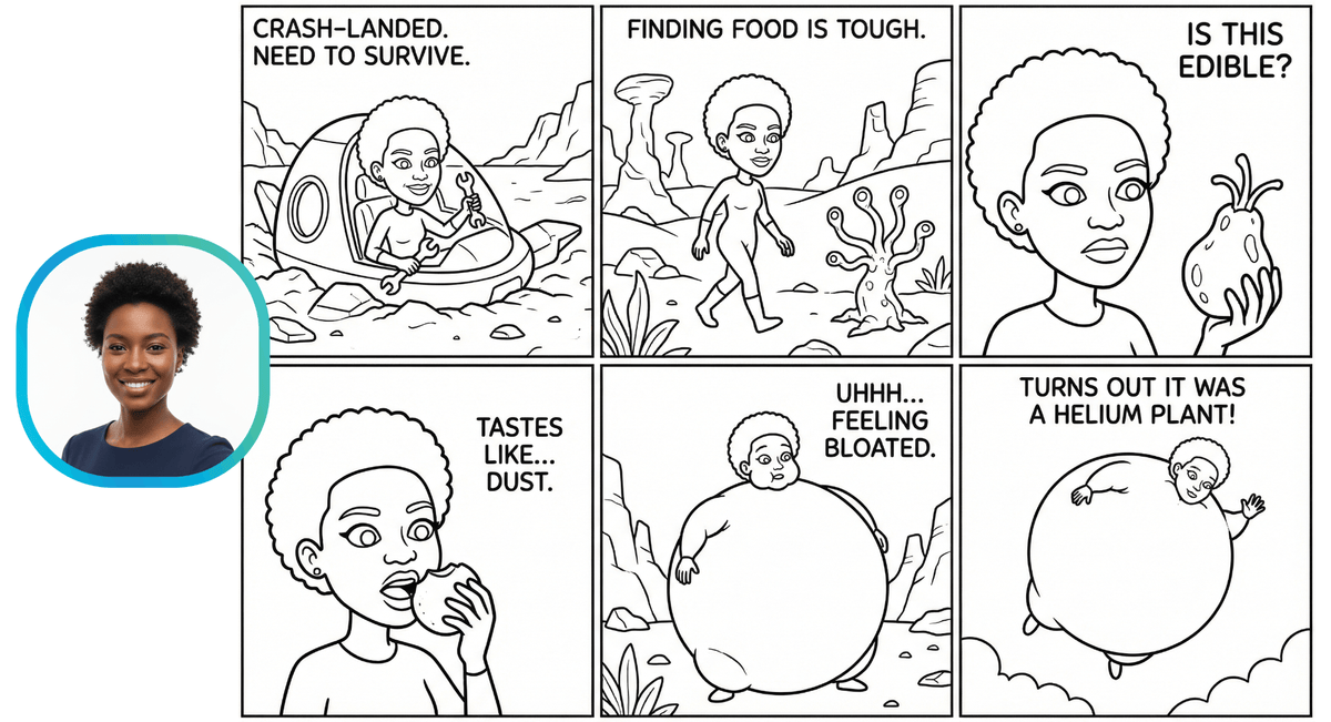 A guest portrait transformed into a six-panel comic about surviving on a distant planet
