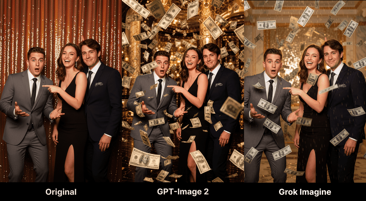 Group celebration transformations compared between GPT-Image 2 and Grok Imagine