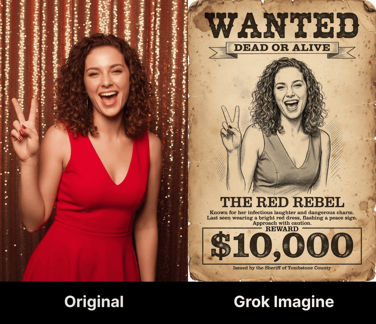 Original guest photo transformed into a wanted poster with Grok Imagine