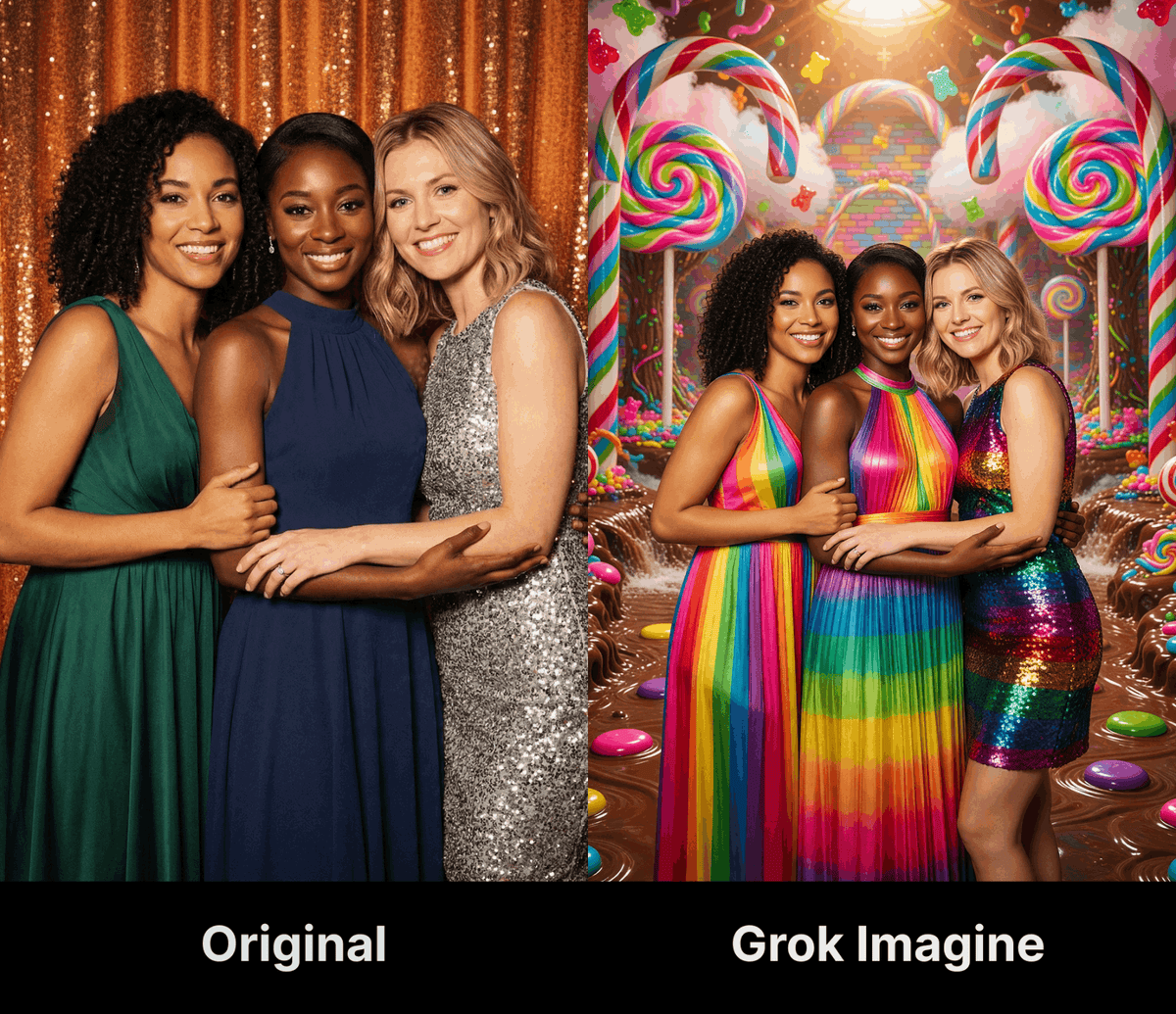 Original group photo and colorful Grok Imagine transformation