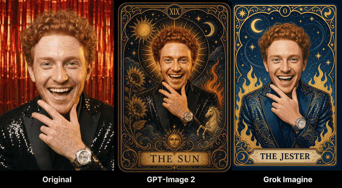 Tarot card transformations compared between GPT-Image 2 and Grok Imagine